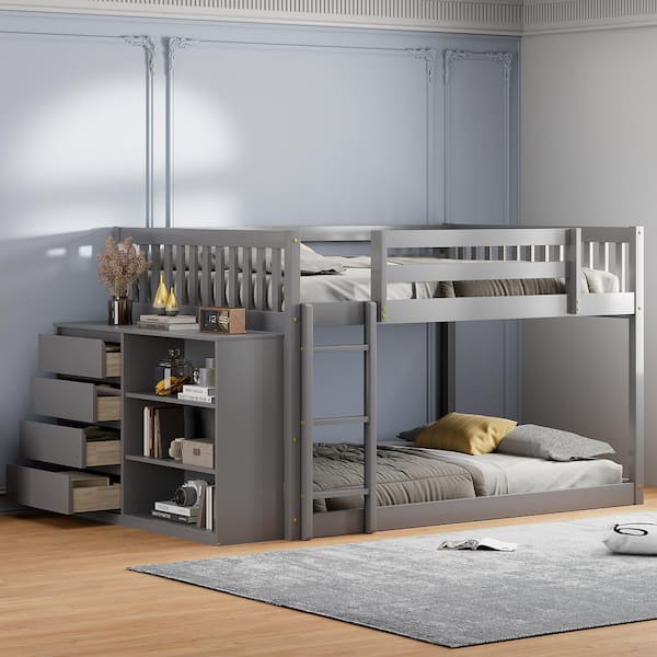 Harper & Bright Designs Gray Full over Full Wood Frame Bunk Bed with Cabinet including 4-Drawers and 3-Shelves, Built-in Ladder