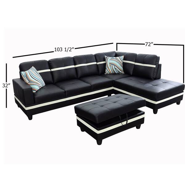 Star Home Living 3 Piece Black Faux Leather 6 Seats L Shaped Right Facing Sectionals Sh9511b 3 Piece Black Faux Leather 6 Seats, White Faux Leather Sofa With Chaise