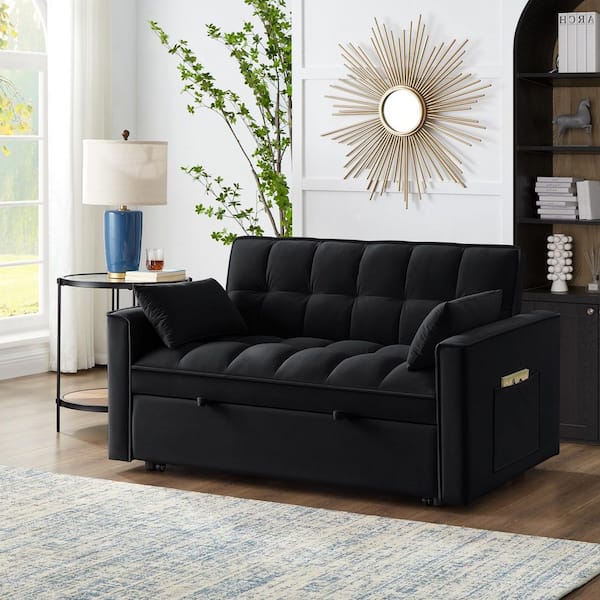 Fowler 52.5 in. Black Upholstered Velvet Tufted Convertible Pull-Out Twin Size Sofa Bed with Storage Pockets, Pillows