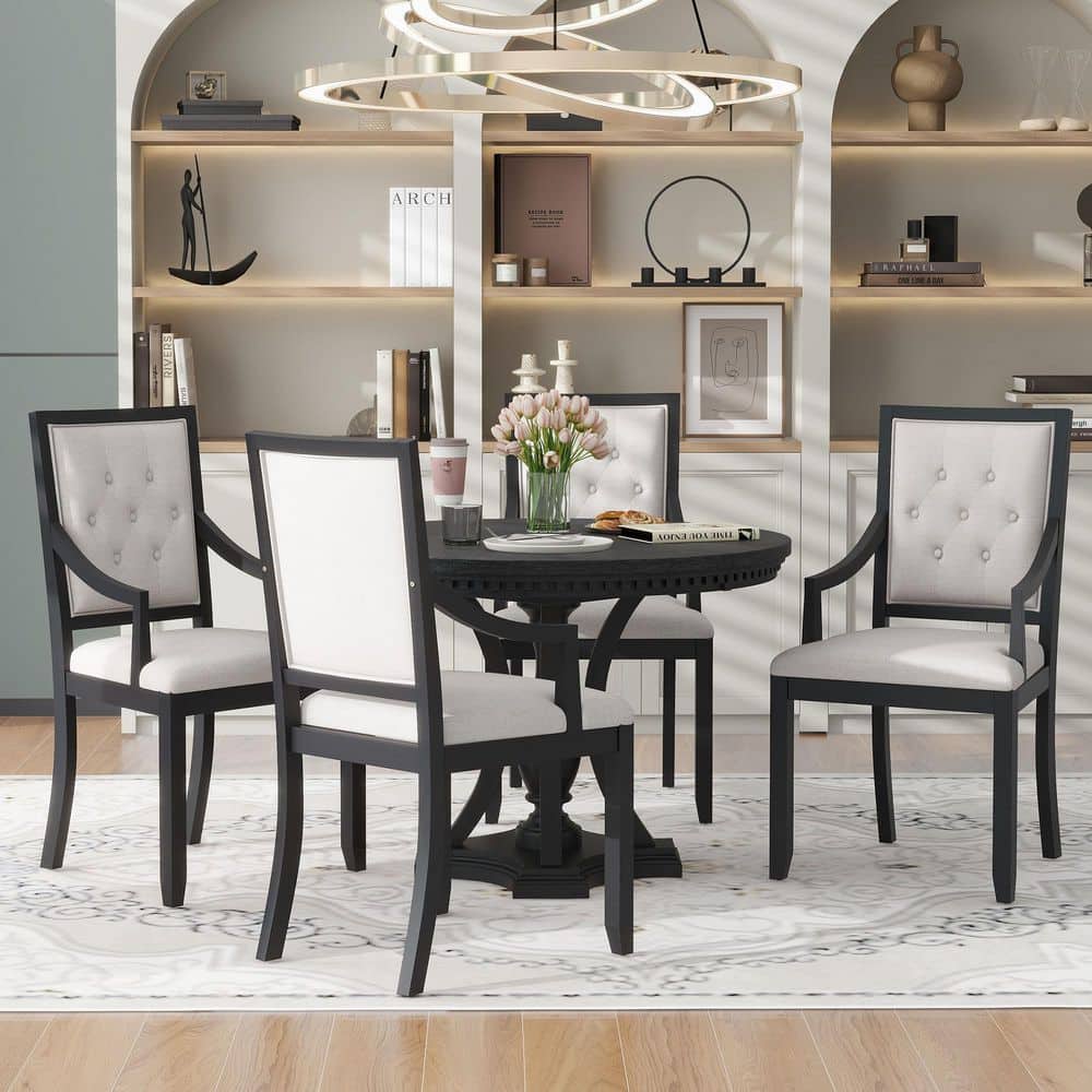 Retro 5-Piece Black Extendable Round Table Dining Set with 4-Upholstered Chairs