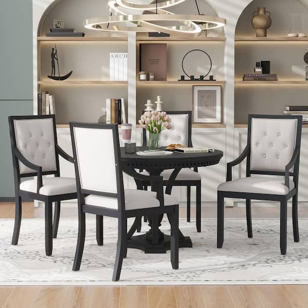 Retro 5-Piece Black Extendable Round Table Dining Set with 4-Upholstered Chairs