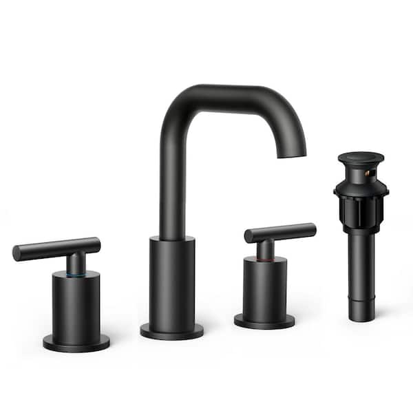 FORIOUS 2-Handle Widespread Bathroom Faucet with Pop Up Drain Assembly Brass Bathroom Sink Faucet in Black