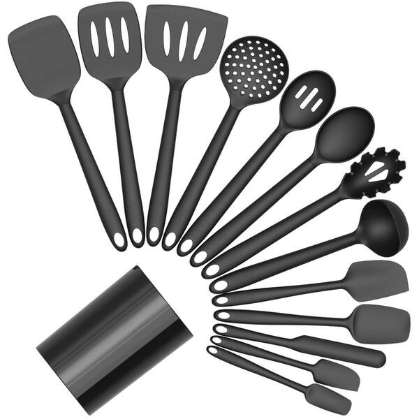 14-Pack Black Silicone Kitchen Cooking Spatulas Utensils Set with Holder, Heat-Resistant, Food-Grade Kitchen Tools