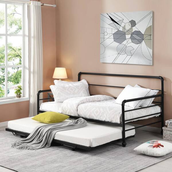 Urtr Black Twin Size Metal Daybed With Adjustable Trundle Pop Up Bed No Box Spring Need T 00967 B Adjustable Trundle Pop Up Bed, Trundle Bed Pop Up To Queen