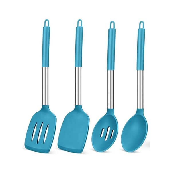 4-Pack Silicone Cooking Utensils Set, Non Stick Large Solid Spatulas, Heat Resistant Blue Slotted Spoons