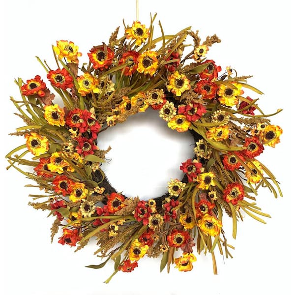 Glitzhome 24 in. D Dry Paper Daisy Artificial Harvest Wreath