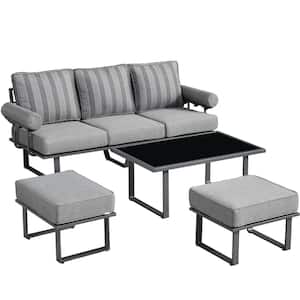 Teton Grand Gray 4-Piece Aluminum Outdoor Patio Conversation Sofa Set with Stripe Gray Cushions
