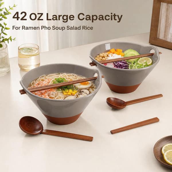 Numhew 42 fl. oz. Brown Ceramic Soup Bowl with Wooden Spoon and