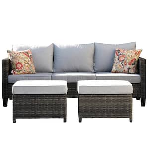 New Vultros Gray 3-Piece Wicker Outdoor Lounge Chair with Gray Cushions and 2 Ottomans