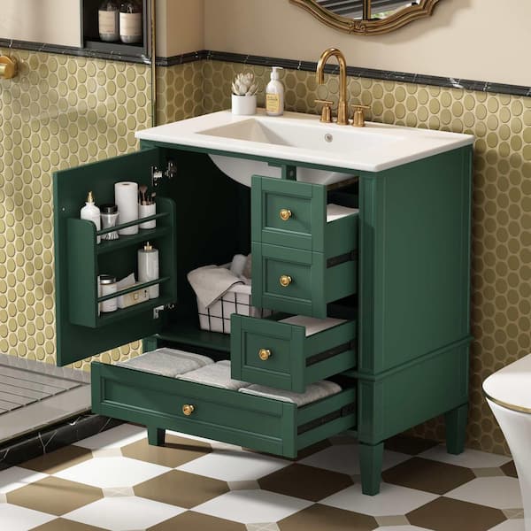 30 in. Freestanding Green Bath Vanity with White Ceramic Top, 3-Drawers and Solid Wood Frame