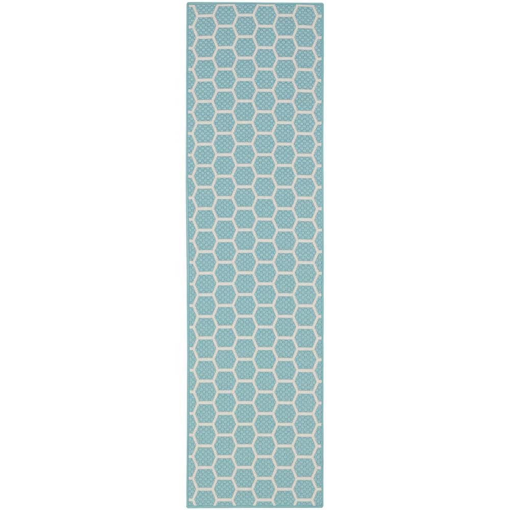 Nourison Reversible Indoor Outdoor Aqua 2 ft. x 6 ft. Honeycomb ...