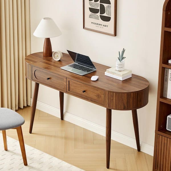ATHMILE 19.69 in. Arc-Shaped Walnut MDF 2-Drawer Desk with Storage