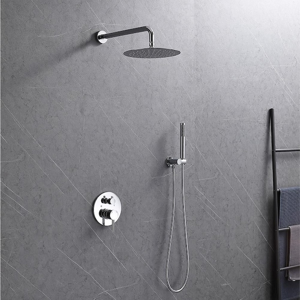 1-Spray 10 in. Round Rainfall Shower Head and Handheld Shower Head in Chrome