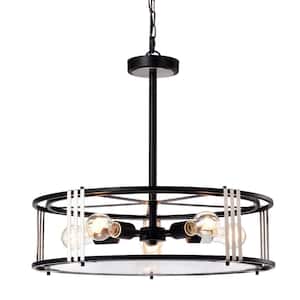 5-Light Black and Brushed Nickel Pendant Light Modern Drum Chandelier with Verre Strie Glass