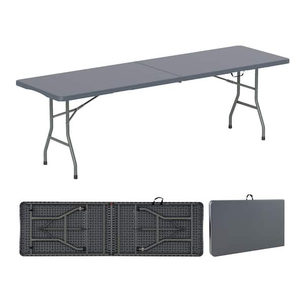8 ft Fold-in-Half Portable Folding Table with HDPE Tabletop and 350 lb Capacity for Indoor Outdoor Use, Gray