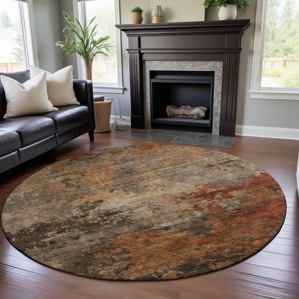 Mayfield Premium Machine Washable Abstract AMF1216 Khaki 8 ft. x 8 ft. Round Rug