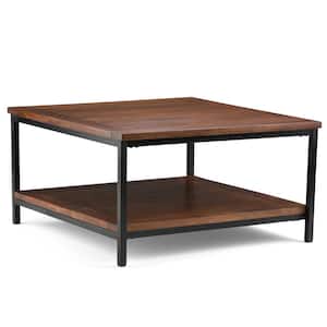 Skyler Solid Mango Wood and Metal 34 in. Wide Square Industrial Coffee Table in Dark Cognac Brown