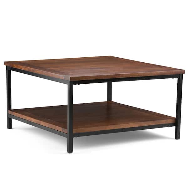 Simpli Home Skyler 34 In Dark Cognac, Square Wooden Coffee Table With Storage