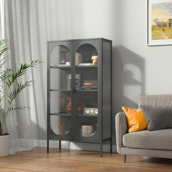 Glamour Home Benoît 70.87 in. Tall" Black Steel Metal 4-Shelf 2-Door Storage Cabinet Bookcase with Fluted Clear Doors