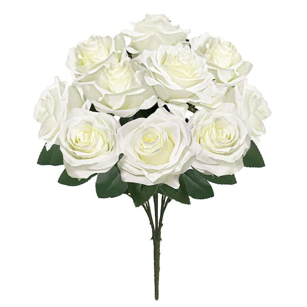 LIVING LUXURY 18 in. Deluxe Cream White Artificial Queen Rose Flower Stem Bush Bouquet (Set of 2)