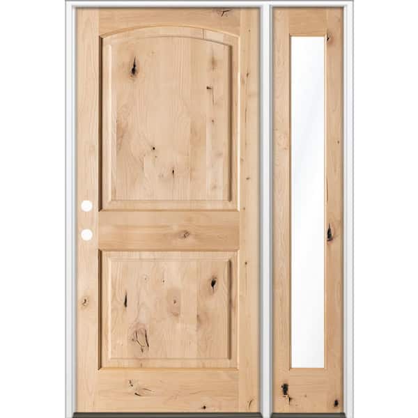 50 in. x 80 in. Knotty Alder 2-Panel Arch Top Right-Hand/Inswing Clear Glass Unfinished Wood Prehung Front Door w/ RFSL