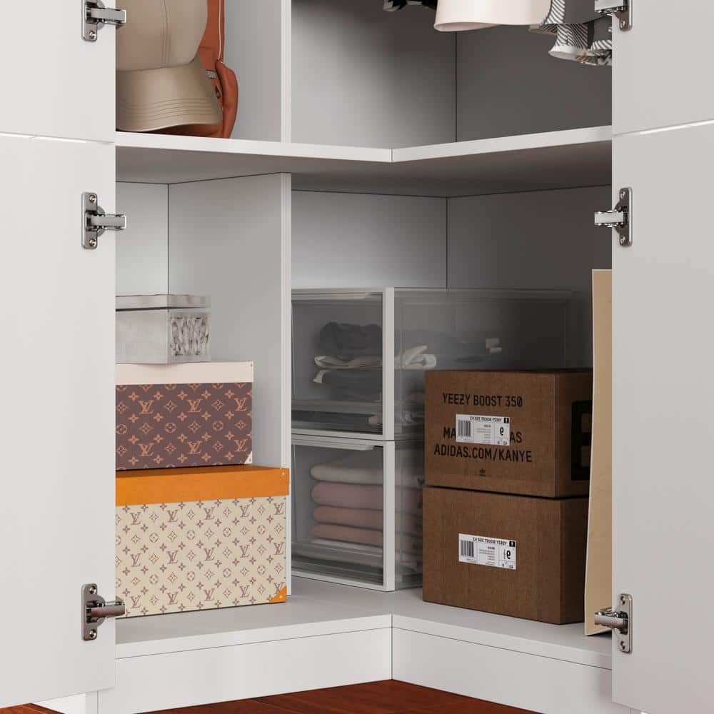 White Wood 35.4 in. W 6-Door Corner Wardrobe Armoires with Hanging Rod, Storage Shelves 93.9 in. H x 35.4 in. D - thumbnail 9