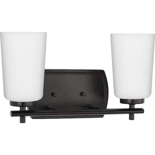 Progress Lighting Adley Collection 13.87 in. 2-Light Matte Black Etched Opal Glass New Traditional Bath Vanity Light
