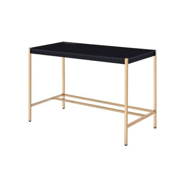 Benjara 20 in. Rectangular Black and Gold Wood Top 0-Drawer Writing Desk with USB Dock and Metal Legs
