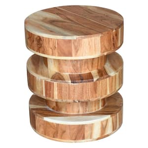 16 in. Natural Brown Round Drum Shaped Acacia Wood Side End Table