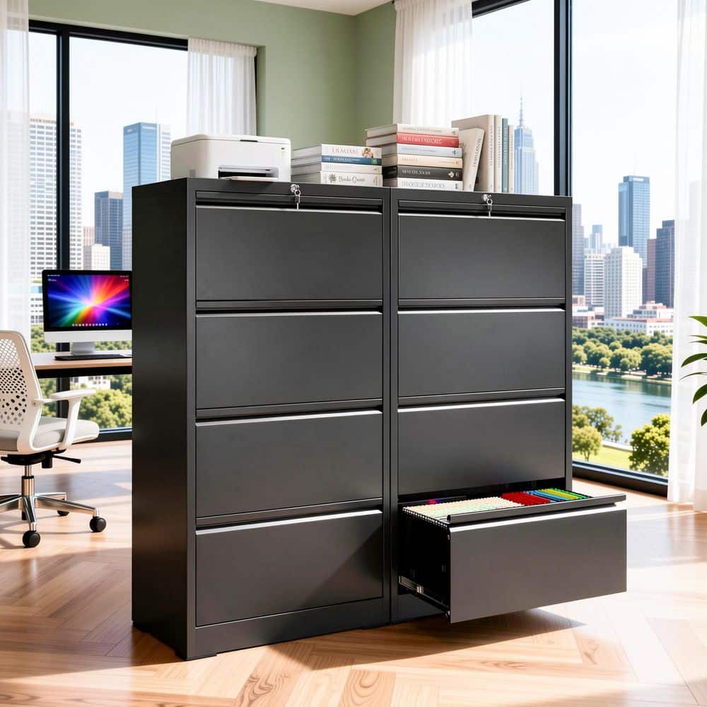 Black 52 in. H Accent Cabinet Office Storage Cabinet with 4 Drawers and Locking Metal Lateral File Cabinet