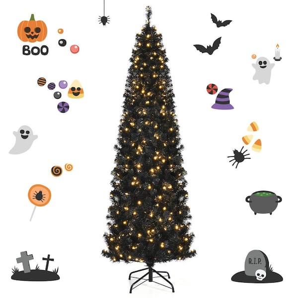 Gymax 7 ft. Pre-Lit Black Halloween Artificial Christmas Tree Artificial PVC Slim Pencil Christmas Tree