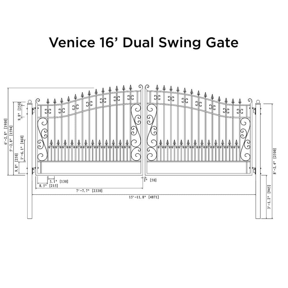 Black Galvanized Steel Dual Swing Driveway Gate with French Gothic Pickets