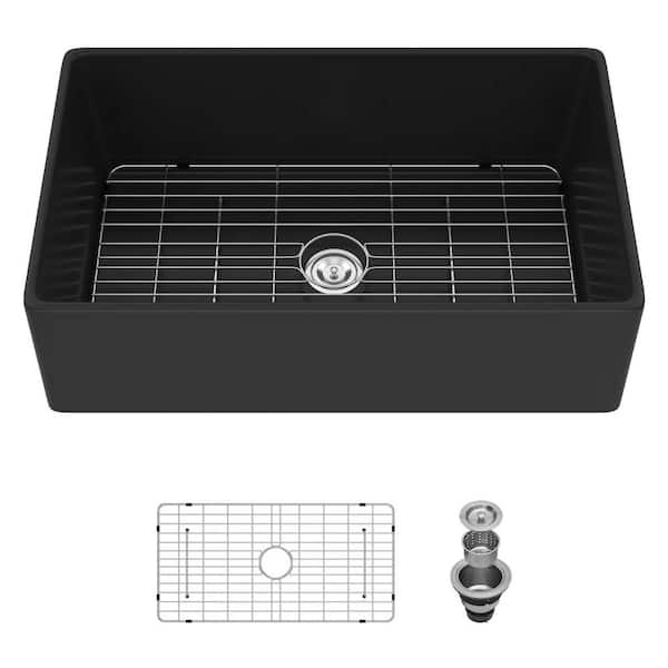 33 in. L x 20 in. W Rectangular Farmhouse Apron Front Single Bowl Black Ceramic Kitchen Sink with Grid and Strainer