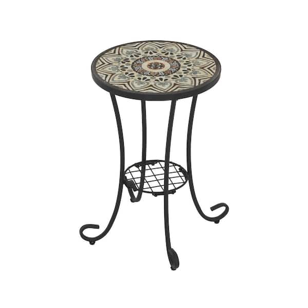 Unbranded Black Round Metal Outdoor Side Table Patio Table with Shelf (Set of 1)