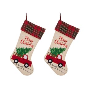 21 in. Polyester Embroidered Linen Christmas Decoration Stocking (2-Pack)