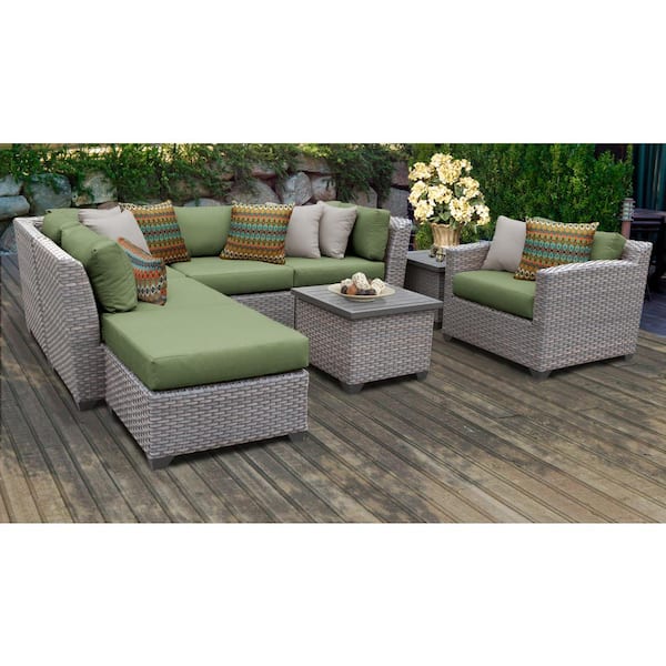 TK CLASSICS Florence 8-Piece Outdoor Wicker Patio Conversation Sectional Seating Group with Cilantro Green Cushions