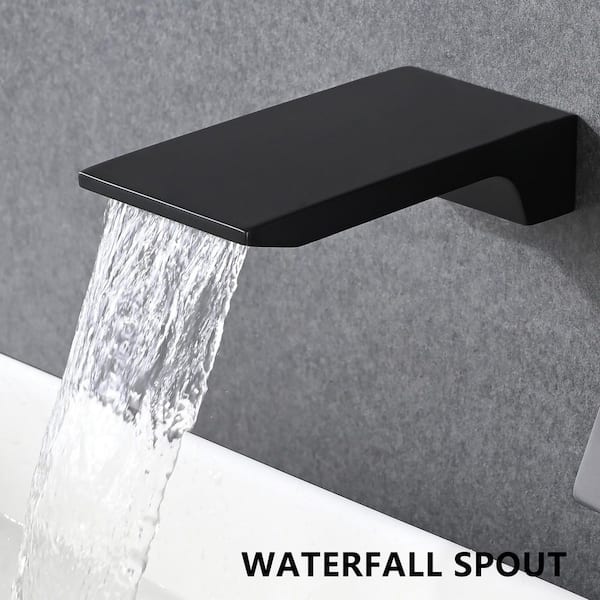 Wall Mount Bathroom Sink Faucet 10-in. Waterfall Spout, 1-Handle Tub Faucet with Rough-In Valve-Matte Black