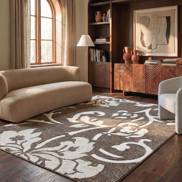 Florida Shag Smoke/Beige 8 ft. x 10 ft. Floral Solid Area Rug