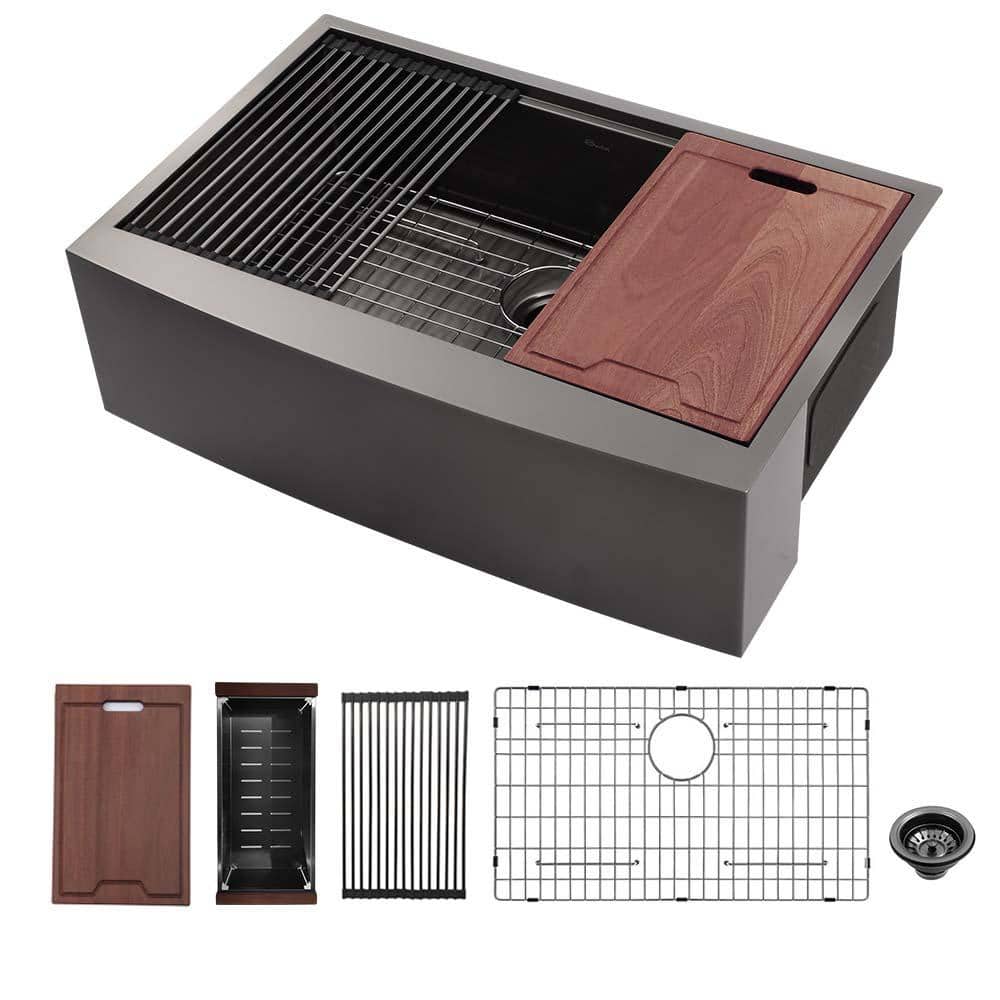 30 in. L Farmhouse Single Bowl 16-Gauge Gunmetal Black Stainless Steel Kitchen Sink with Bottom Grids price history on PriceWatchPro