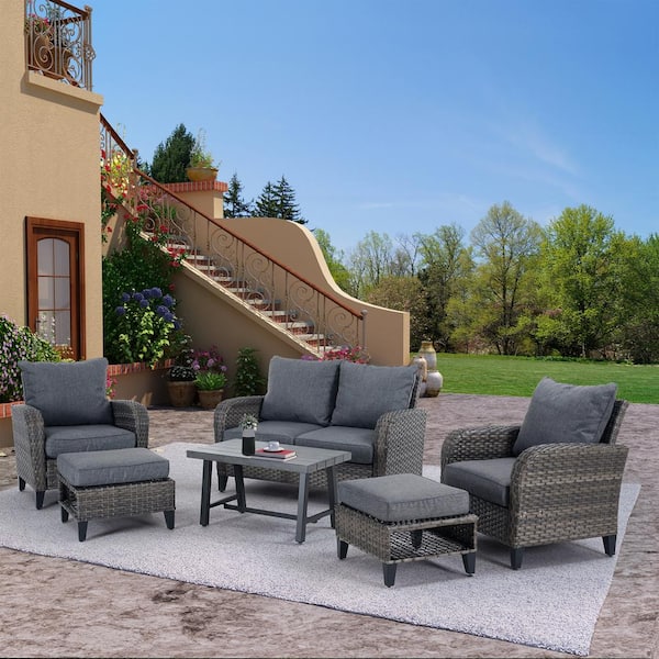 Clihome Breton 6-Piece Rattan Patio Conversation Set with Cushions and ...