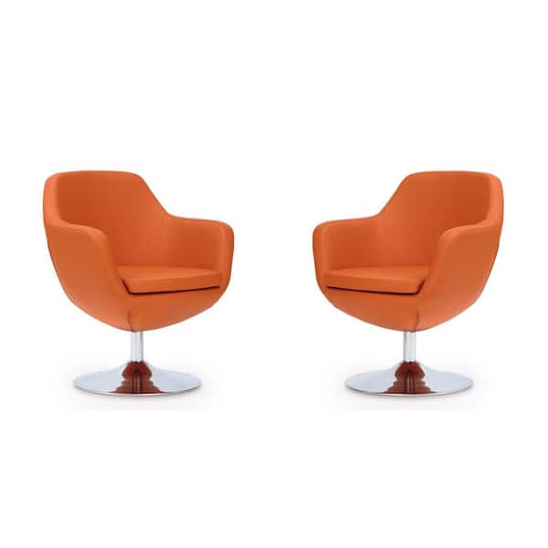 Manhattan Comfort Caisson Modern Orange and Polished Chrome Faux Leather Upholstered Swivel Accent Arm Chair (Set of 2)