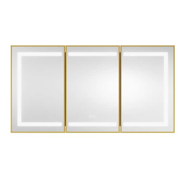 60 in. W x 32 in. H Large Rectangular Gold Wall Mount LED Lighted Medicine Cabinet with Mirror