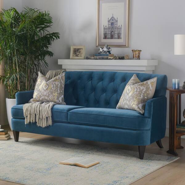 Jennifer Taylor Kelly 75 in. Satin Teal Velvet 3-Seater Camelback Sofa ...