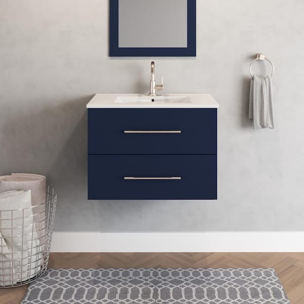 VOLPA USA AMERICAN CRAFTED VANITIES Napa 30 in. W. x 18 in. D Single Sink Bathroom Vanity Wall Mounted in Navy Blue with Ceramic Integrated Countertop