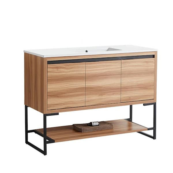 VANITYFUS 47.62 in. W x 35.04 in. H Free-Standing Bath Vanity in Maple with Vanity Top in White with White Basin