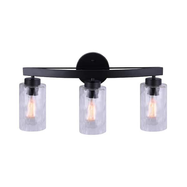 CANARM Newport 22 in. 3-Light Matte Black Vanity Light with Watermark Glass Shades