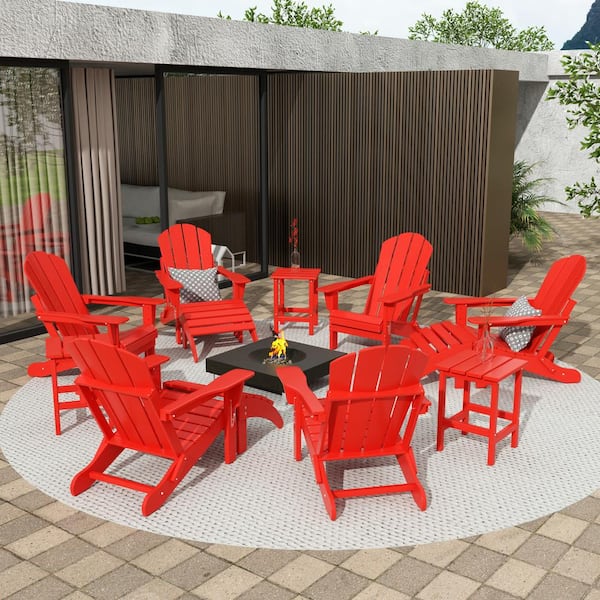 WESTIN OUTDOOR Addison Red 12-Piece HDPE Plastic Folding Adirondack Chair Patio Conversation Seating Set with Ottoman and Table