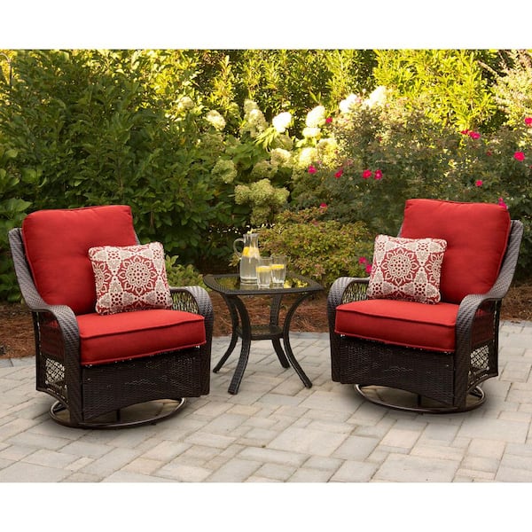 Hanover Orleans 3-Piece All-Weather Wicker Patio Swivel Rocking Chat Set with Autumn Berry Cushions