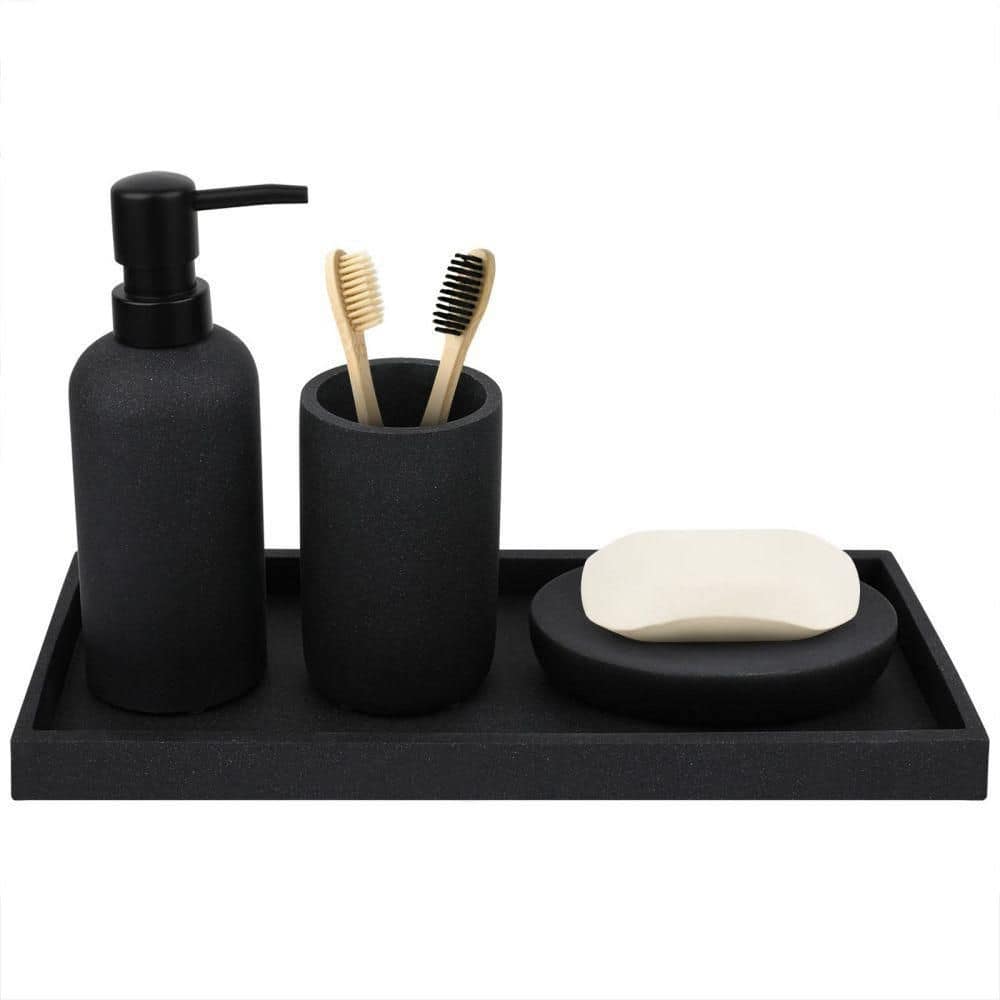 4 Pieces Bathroom Accessories Set Include Lotion Dispenser, Soap Dish,  Toothbrush Cup, Holder Housewarming Gift Vanity Decor Stylish Design black  