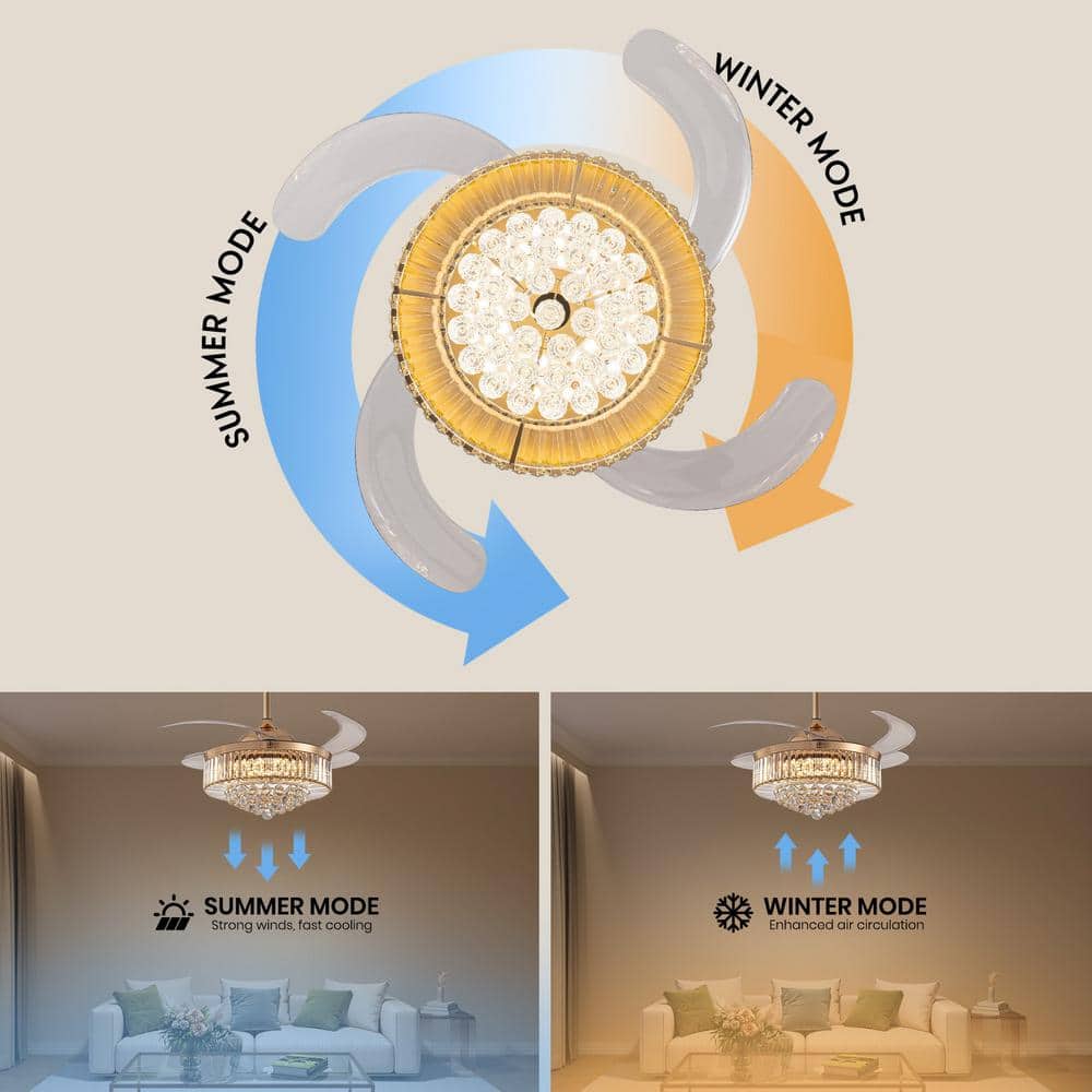 42-Inch Gold Crystal Retractable Ceiling Fan with LED Light and Remote